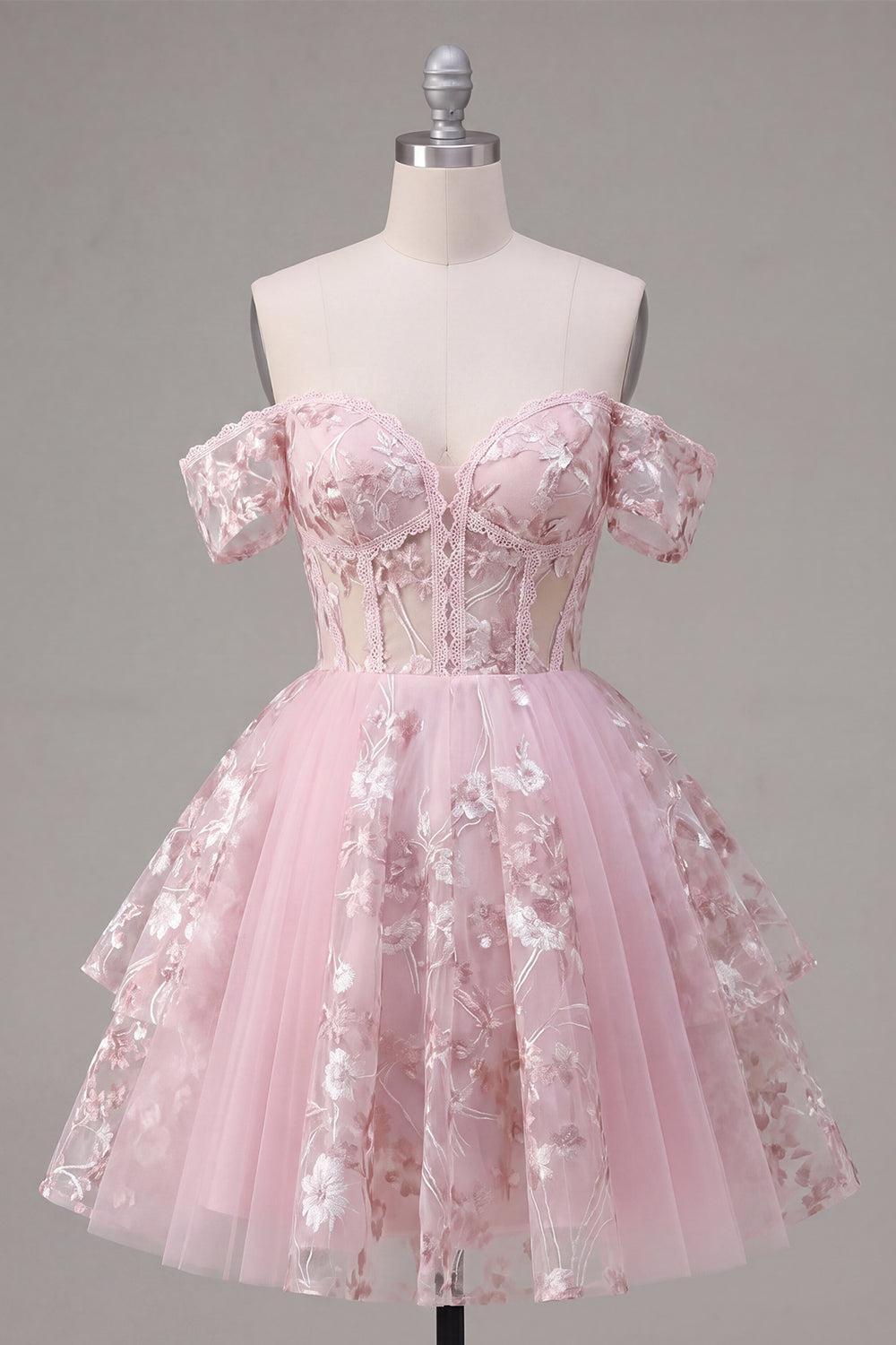 Dressystars Pink Floral Off-the-Shoulder A-Line Corset Short Homecoming Dress