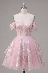 Dressystars Pink Floral Off-the-Shoulder A-Line Corset Short Homecoming Dress