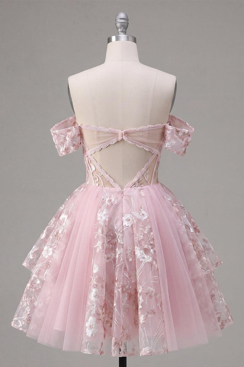 Dressystars Pink Floral Off-the-Shoulder A-Line Corset Short Homecoming Dress