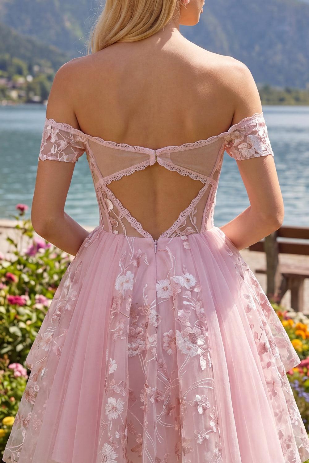 Dressystars Pink Floral Off-the-Shoulder A-Line Corset Short Homecoming Dress