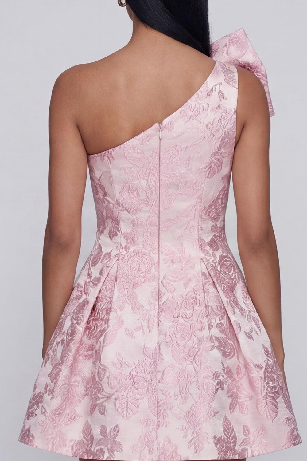 Dressystars Pink Floral One Shoulder A-Line Short Cocktail Dress with Bow