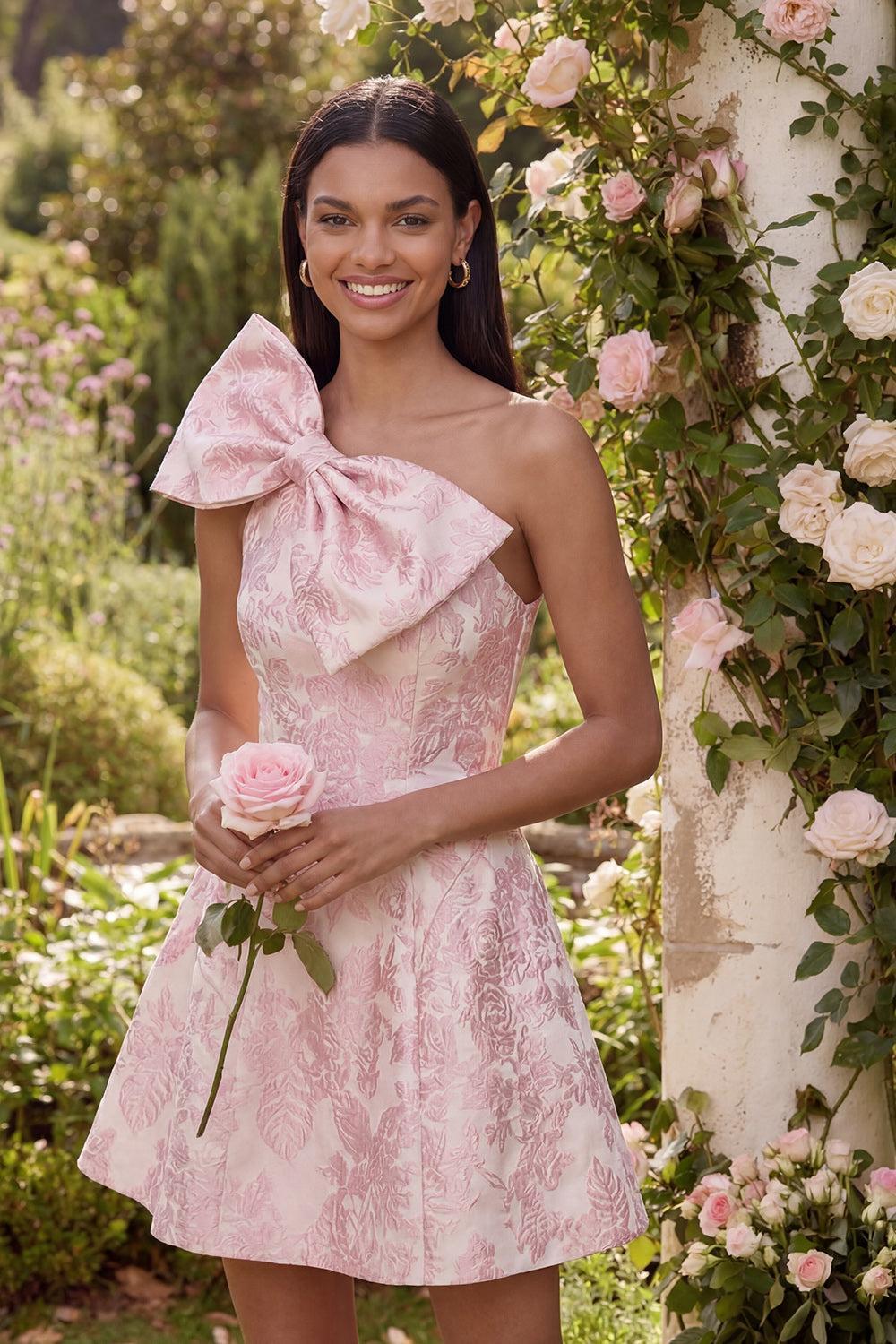 Dressystars Pink Floral One Shoulder A-Line Short Cocktail Dress with Bow