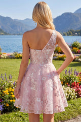 Dressystars Pink Floral One-Shoulder A-Line Short Homecoming Dress