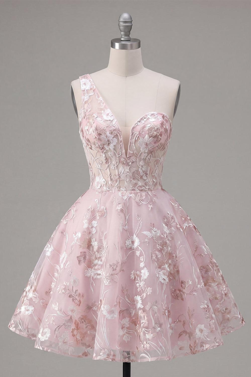 Dressystars Pink Floral One-Shoulder A-Line Short Homecoming Dress