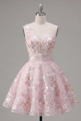 Dressystars Pink Floral One-Shoulder A-Line Short Homecoming Dress