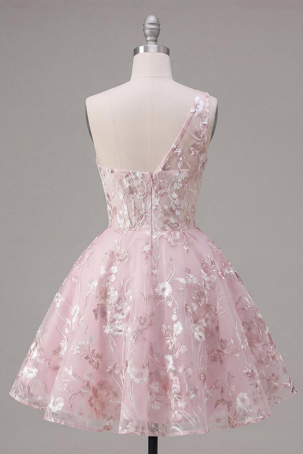 Dressystars Pink Floral One-Shoulder A-Line Short Homecoming Dress