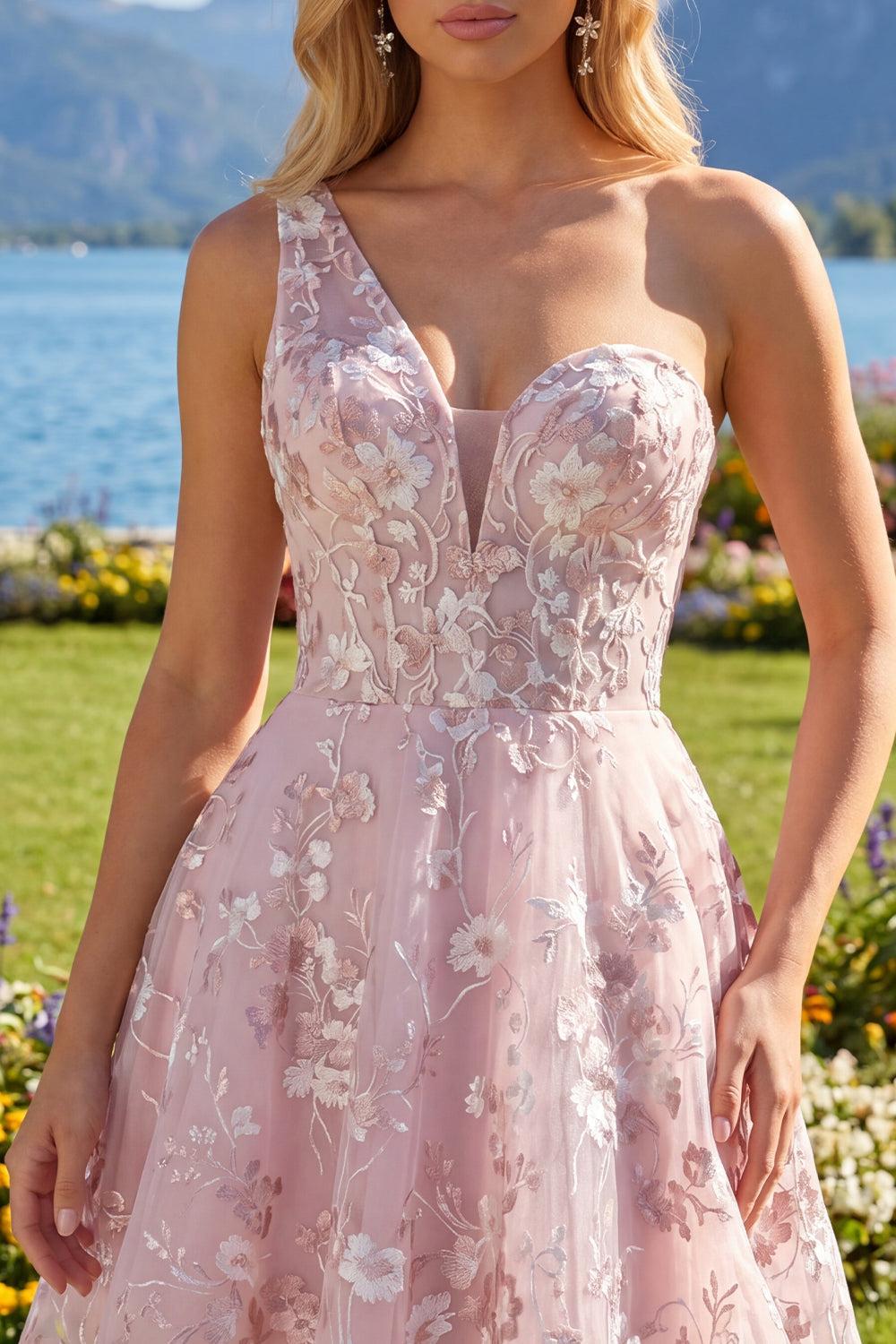 Dressystars Pink Floral One-Shoulder A-Line Short Homecoming Dress