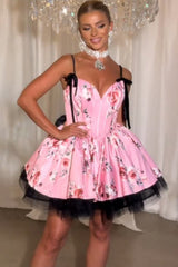 Dressystars Pink Floral Printed A Line Homecoming Dresses Short Corset Cocktail Dresses With Bow