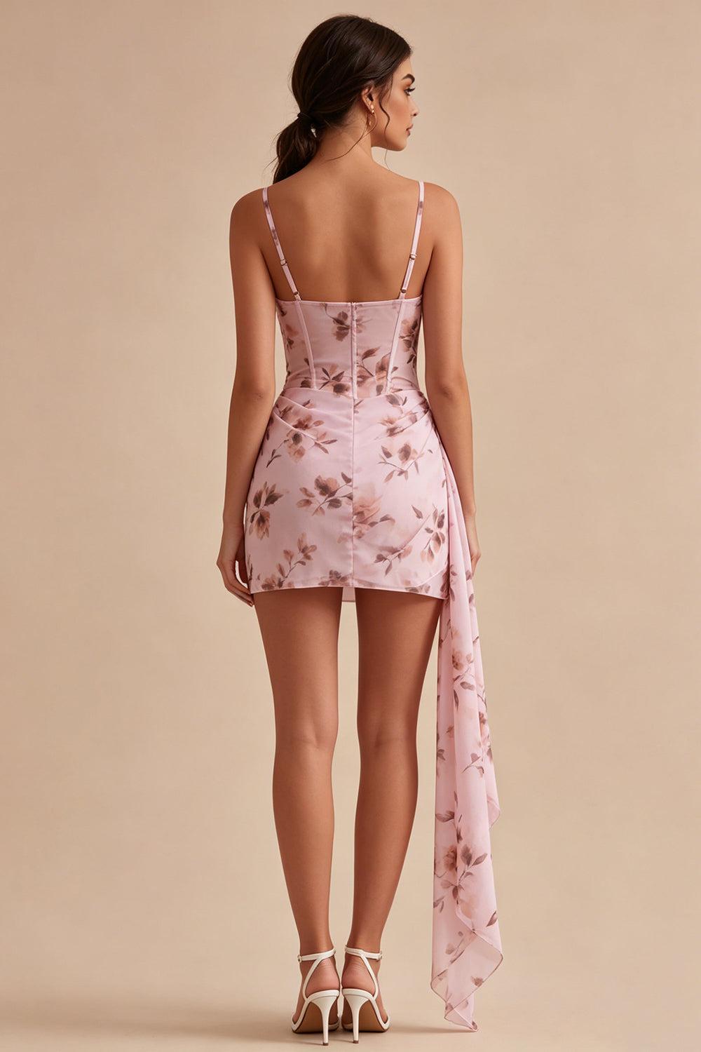Dressystars Pink Floral Ruched Corset Tight Short Homecoming Dress with Sash