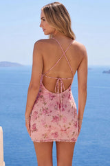 Dressystars Pink Floral Spaghetti Straps Ruched Tight Short Homecoming Dress