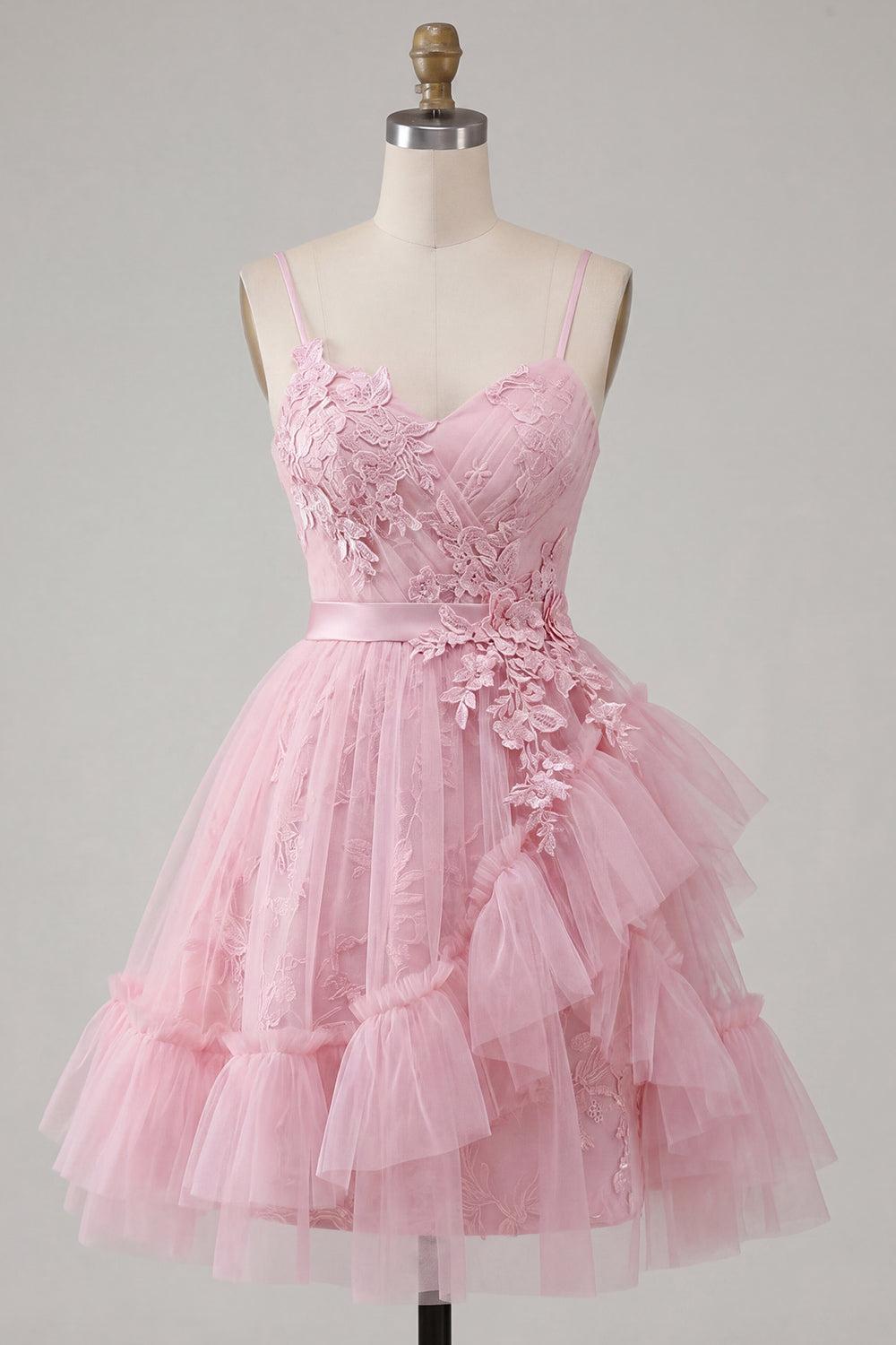 Dressystars Pink Floral Spaghetti Straps Ruffled Tulle A-Line Short Homecoming Dress