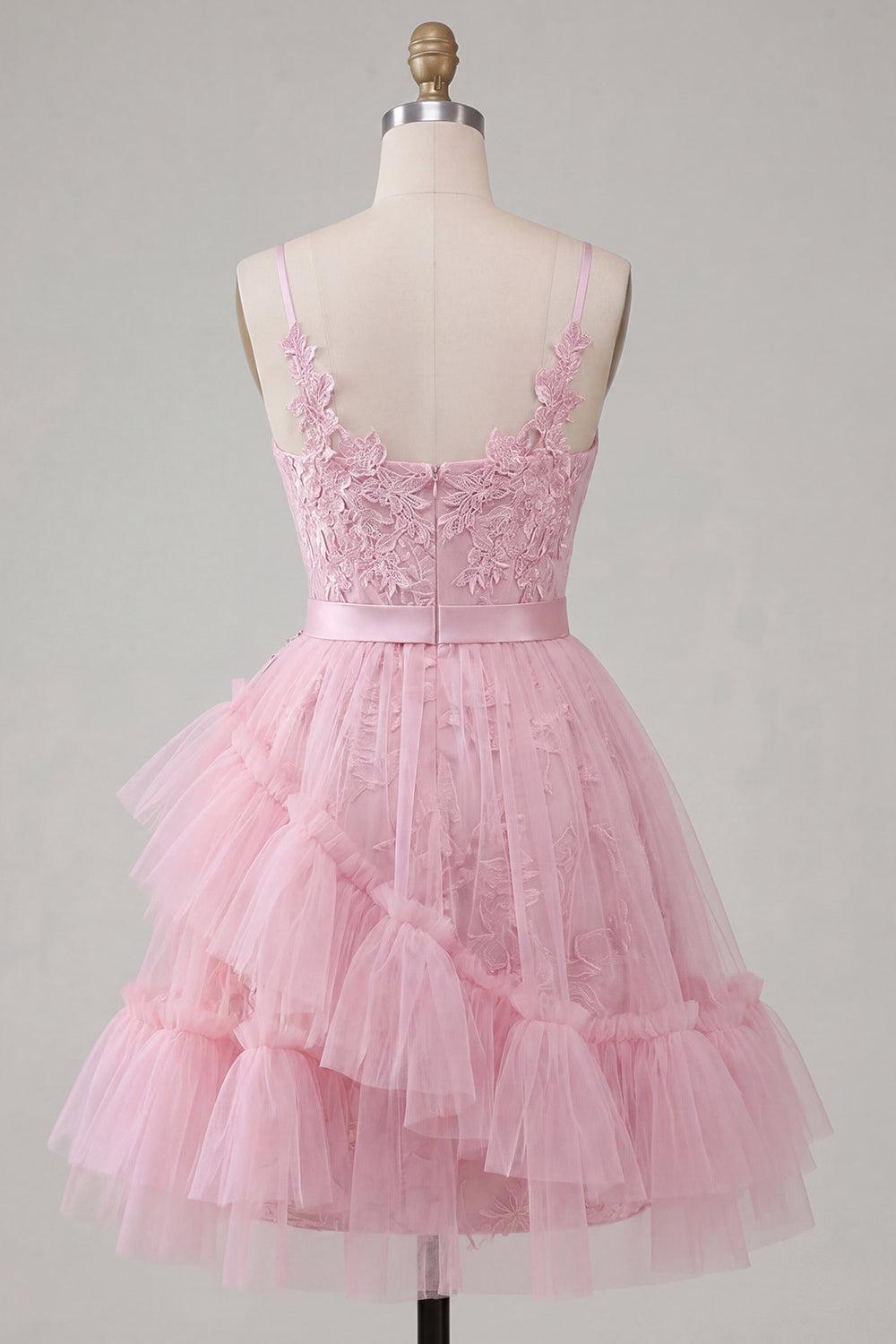 Dressystars Pink Floral Spaghetti Straps Ruffled Tulle A-Line Short Homecoming Dress