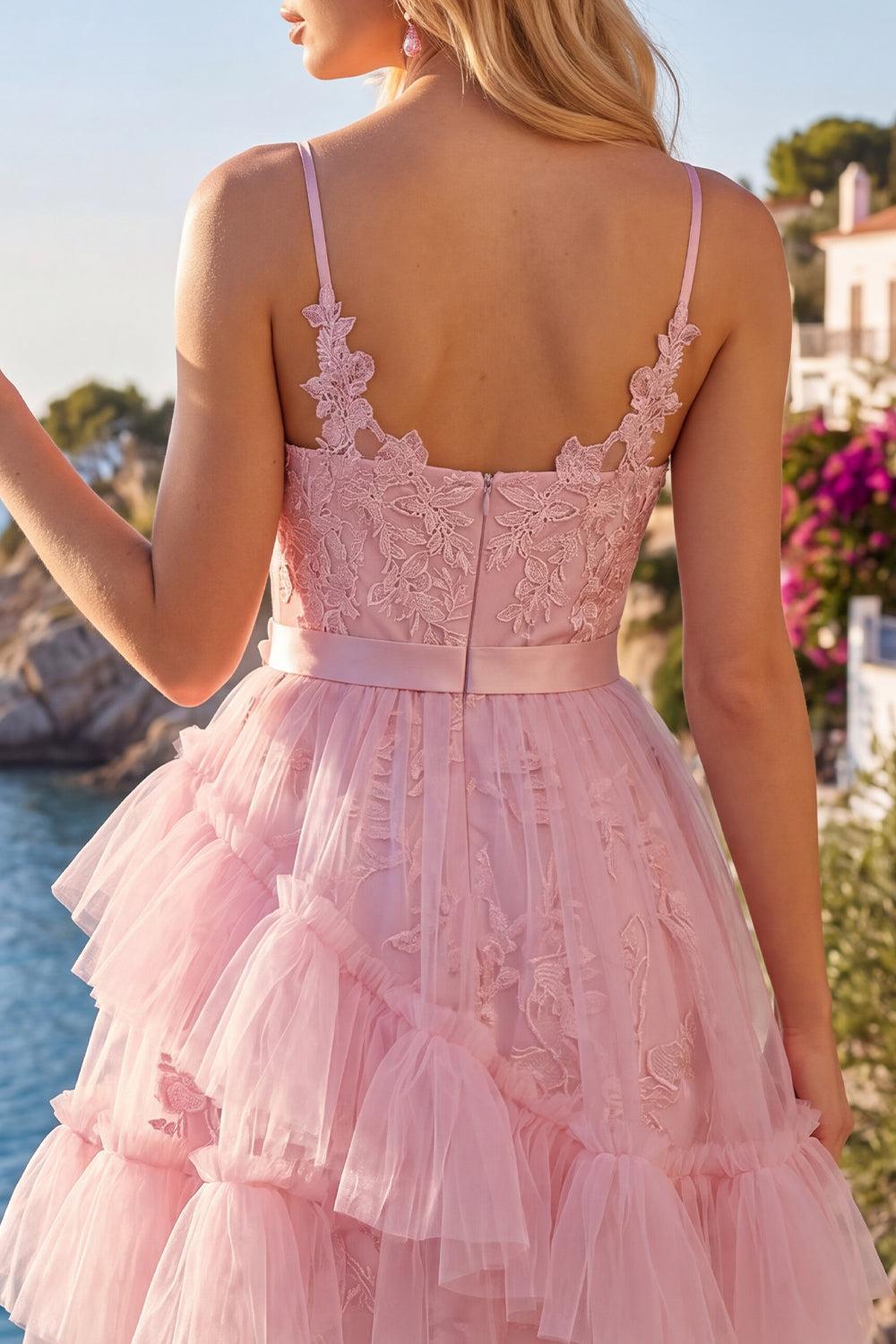 Dressystars Pink Floral Spaghetti Straps Ruffled Tulle A-Line Short Homecoming Dress