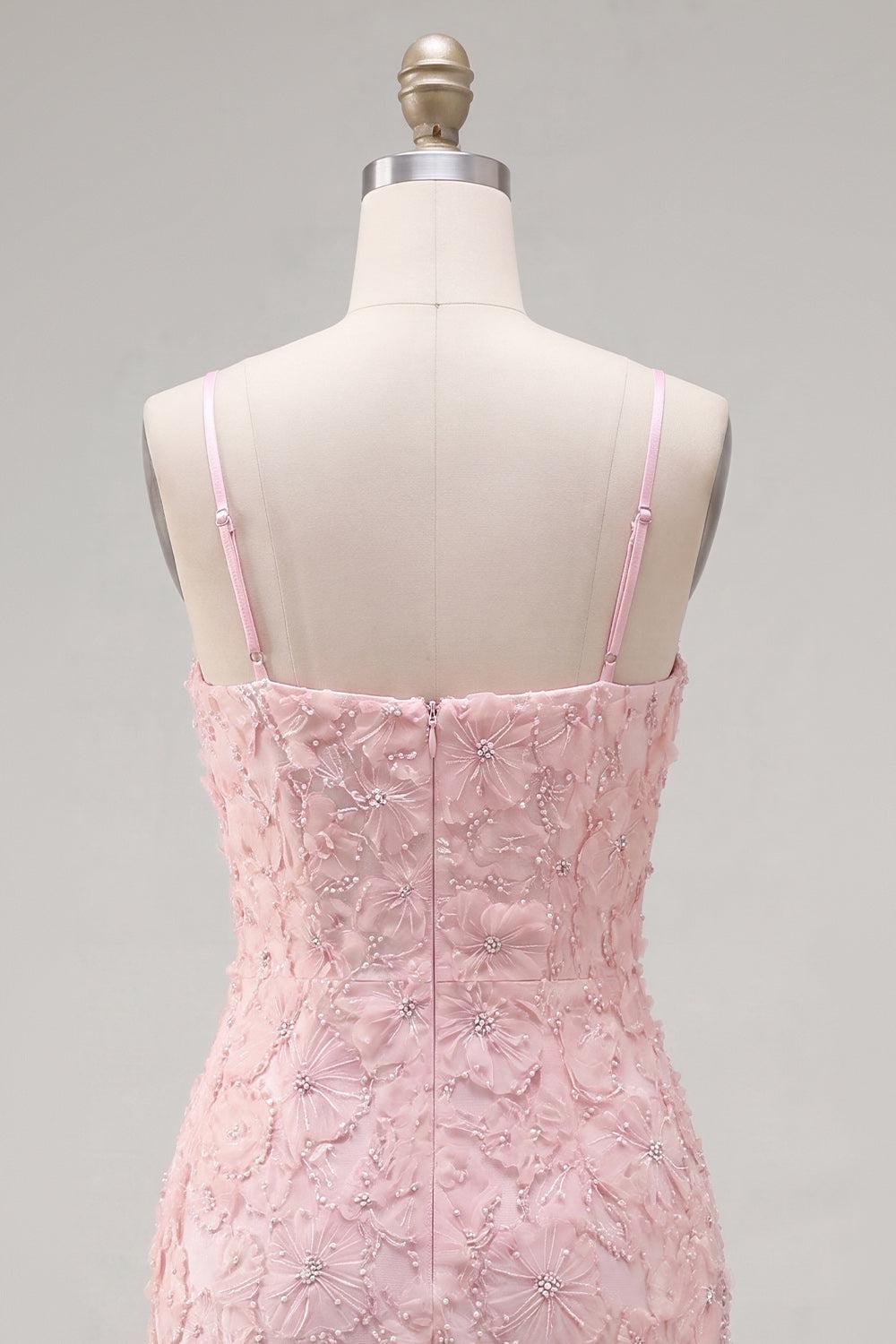 Dressystars Pink Floral Spaghetti Straps Tight Short Homecoming Dress with Pearl Details