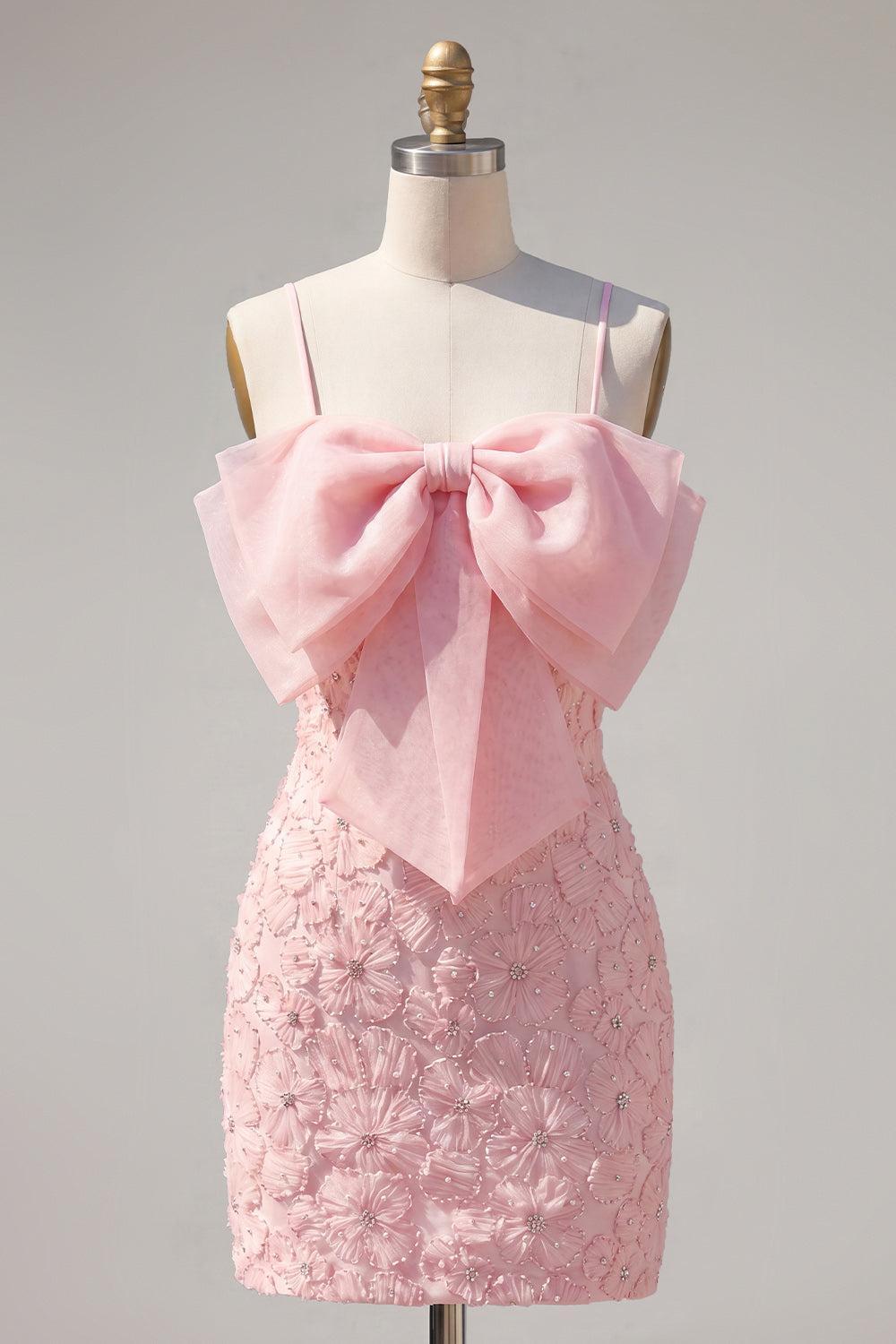 Dressystars Pink Floral Spaghetti Straps Tight Short Homecoming Dress with Pearl Details