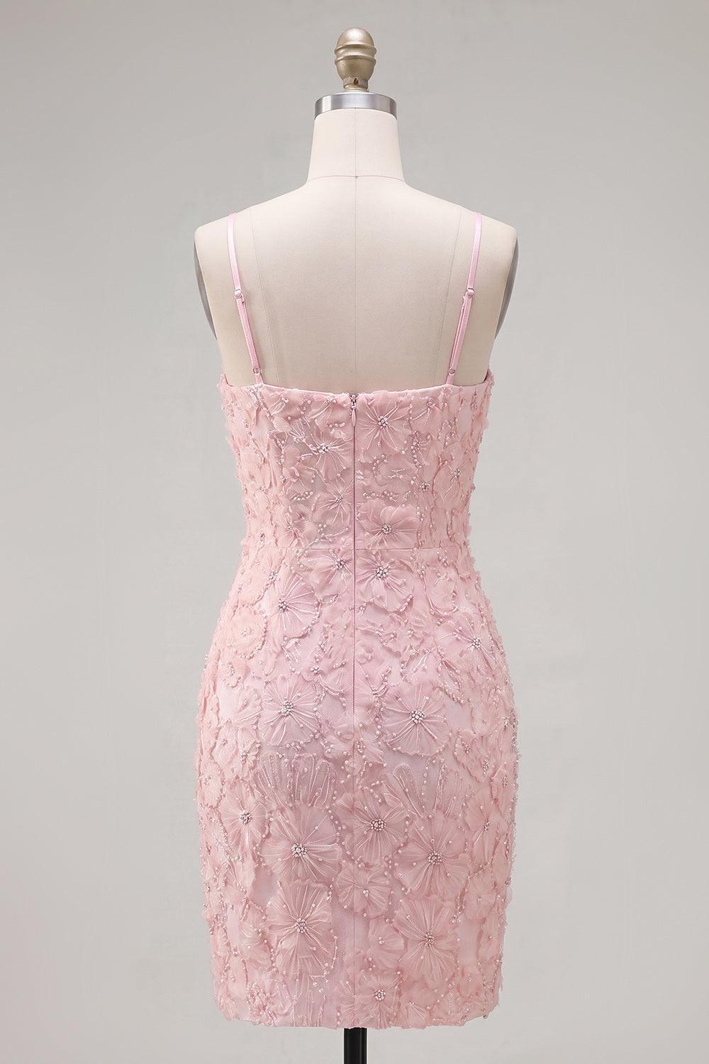Dressystars Pink Floral Spaghetti Straps Tight Short Homecoming Dress with Pearl Details