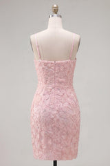 Dressystars Pink Floral Spaghetti Straps Tight Short Homecoming Dress with Pearl Details