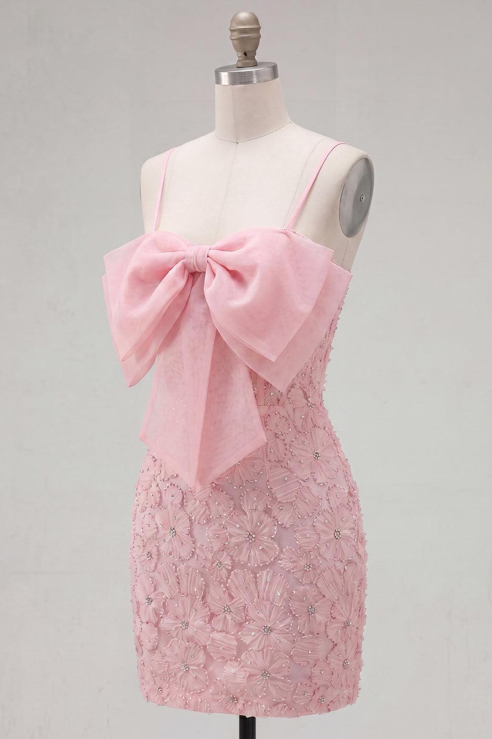 Dressystars Pink Floral Spaghetti Straps Tight Short Homecoming Dress with Pearl Details
