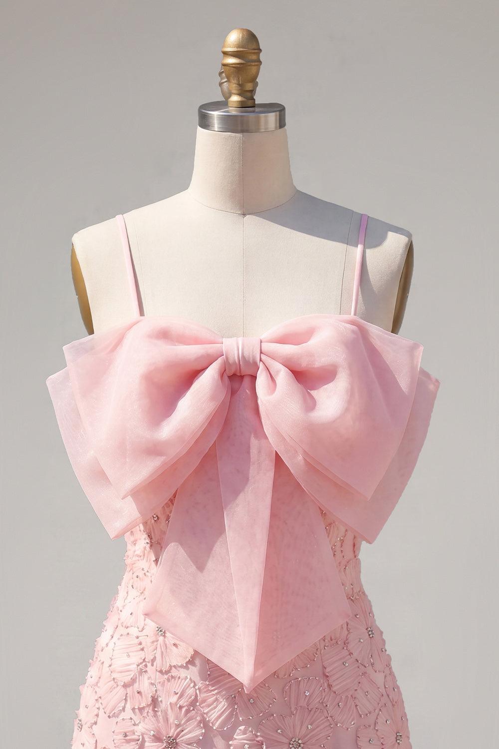 Dressystars Pink Floral Spaghetti Straps Tight Short Homecoming Dress with Pearl Details