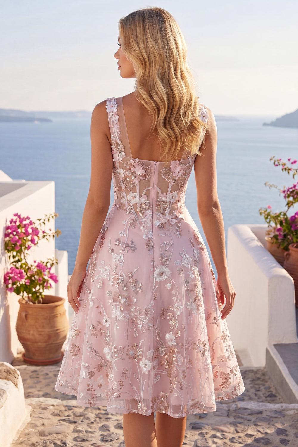 Dressystars Pink Floral Square Neck A-Line Corset Short Homecoming Dress