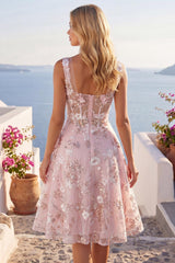Dressystars Pink Floral Square Neck A-Line Corset Short Homecoming Dress