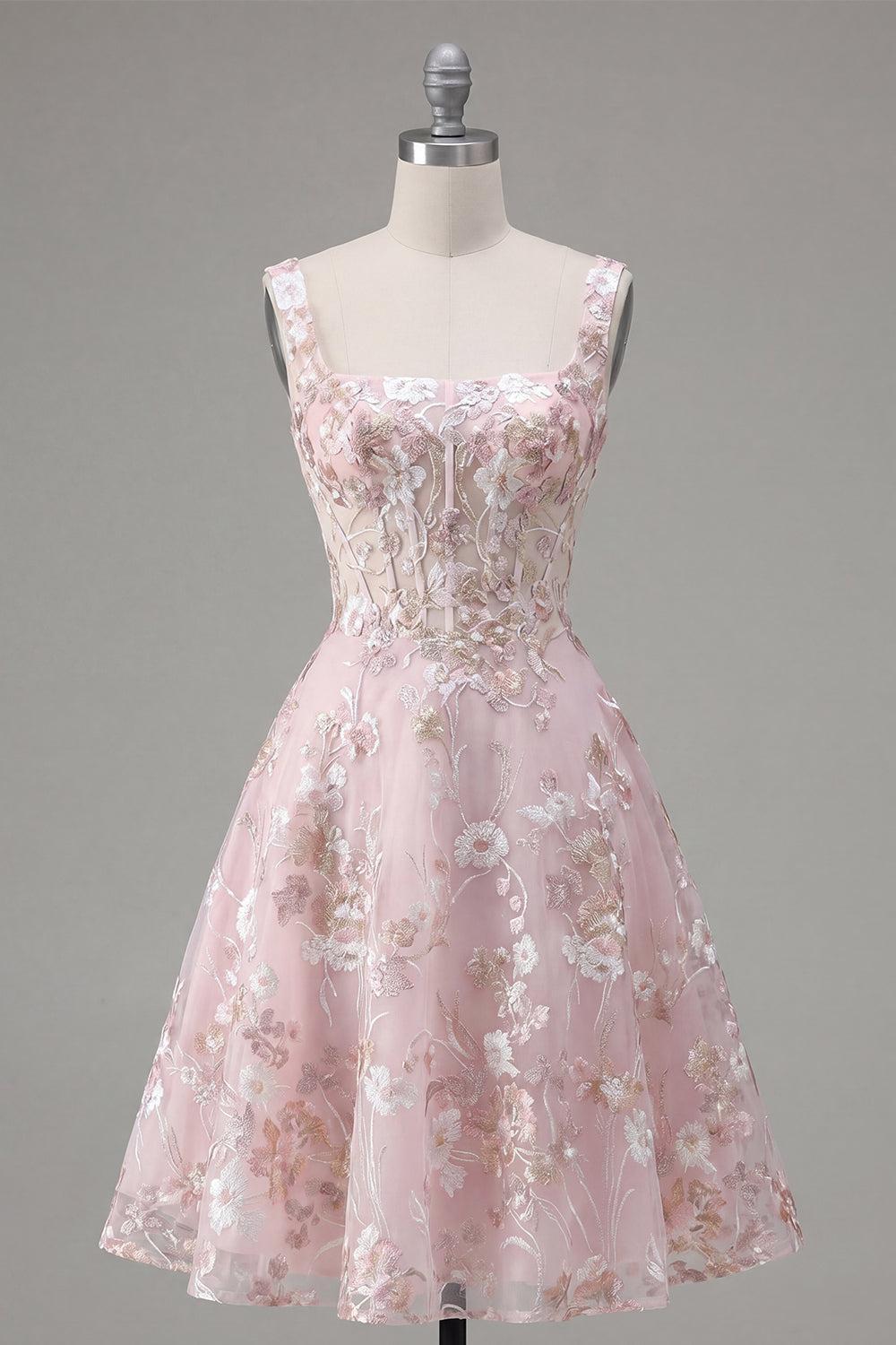 Dressystars Pink Floral Square Neck A-Line Corset Short Homecoming Dress