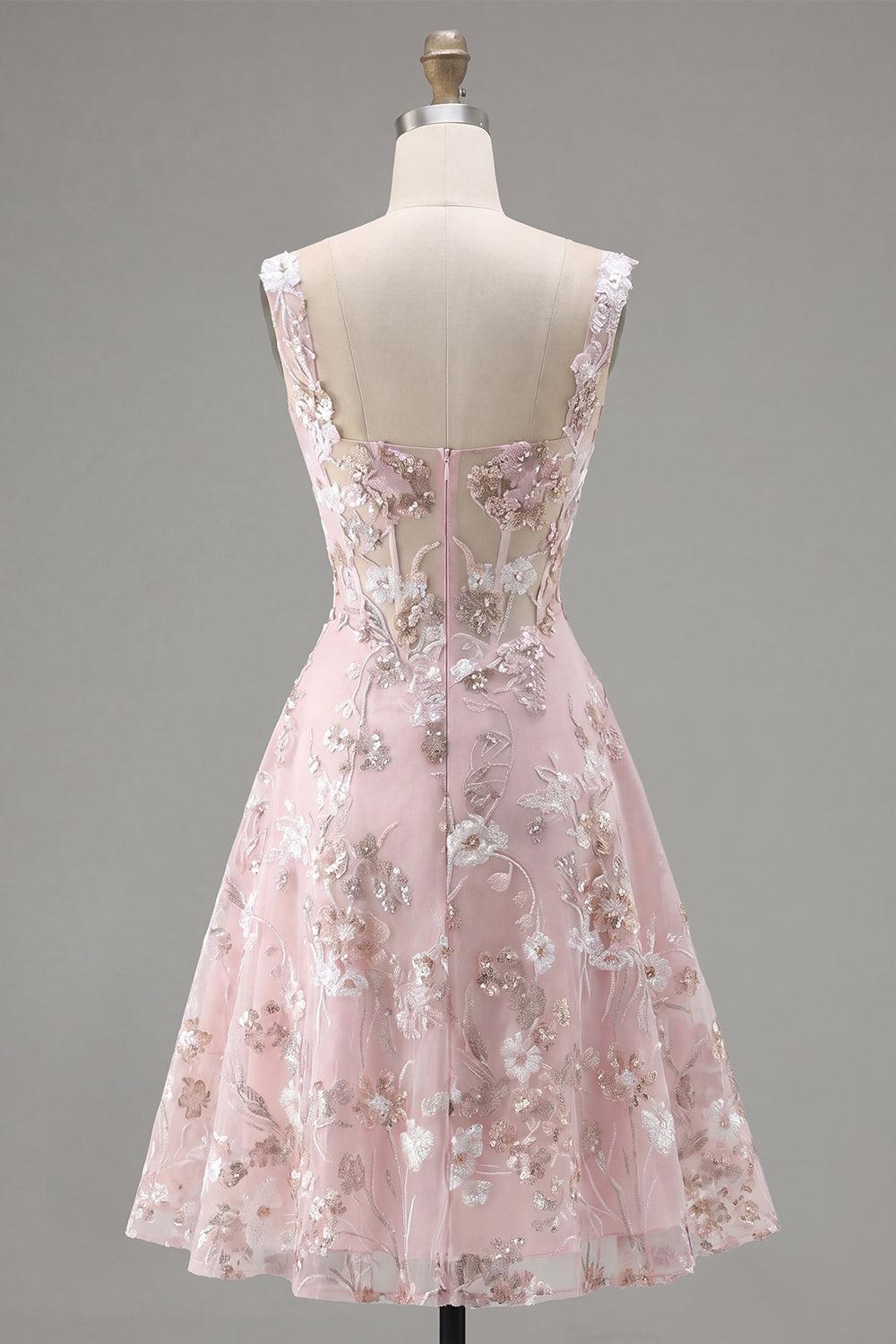 Dressystars Pink Floral Square Neck A-Line Corset Short Homecoming Dress