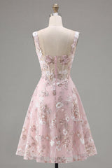 Dressystars Pink Floral Square Neck A-Line Corset Short Homecoming Dress
