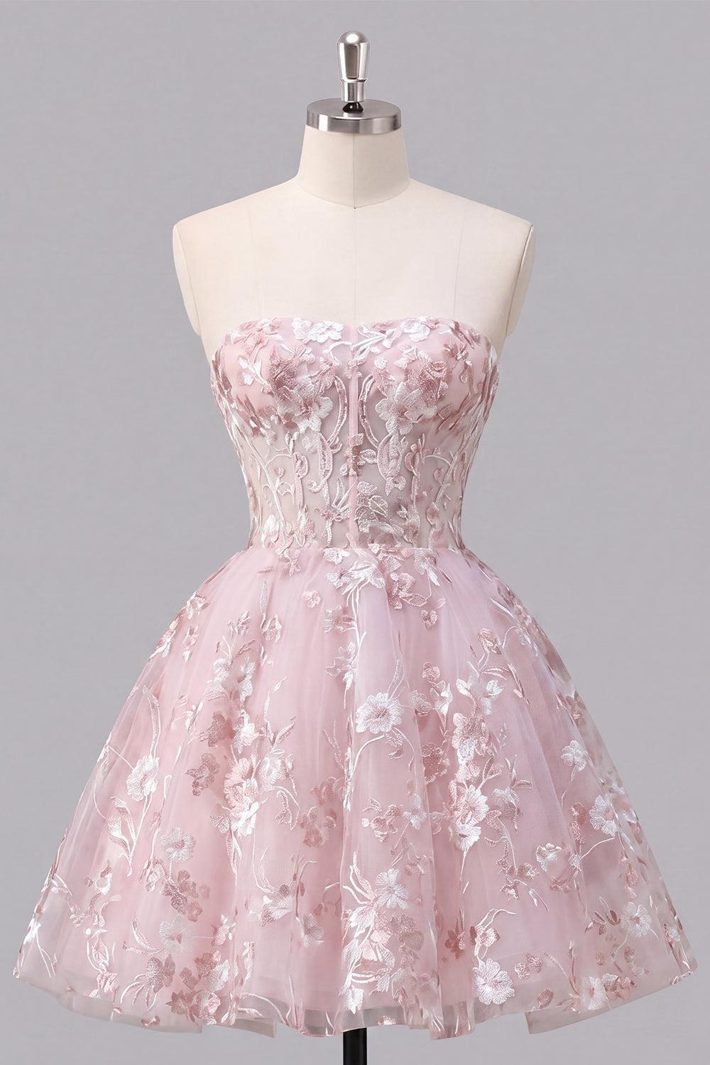Dressystars Pink Floral Strapless Corset A-Line Short Homecoming Dress