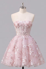 Dressystars Pink Floral Strapless Corset A-Line Short Homecoming Dress