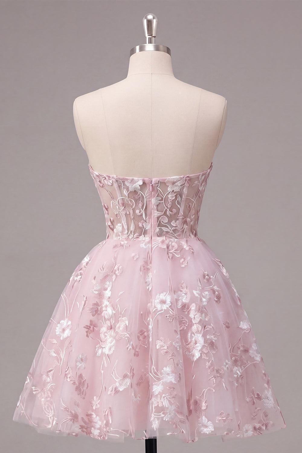 Dressystars Pink Floral Strapless Corset A-Line Short Homecoming Dress