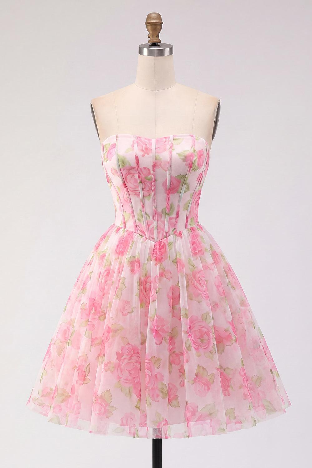 Dressystars Pink Floral Strapless Corset A-Line Short Homecoming Dress