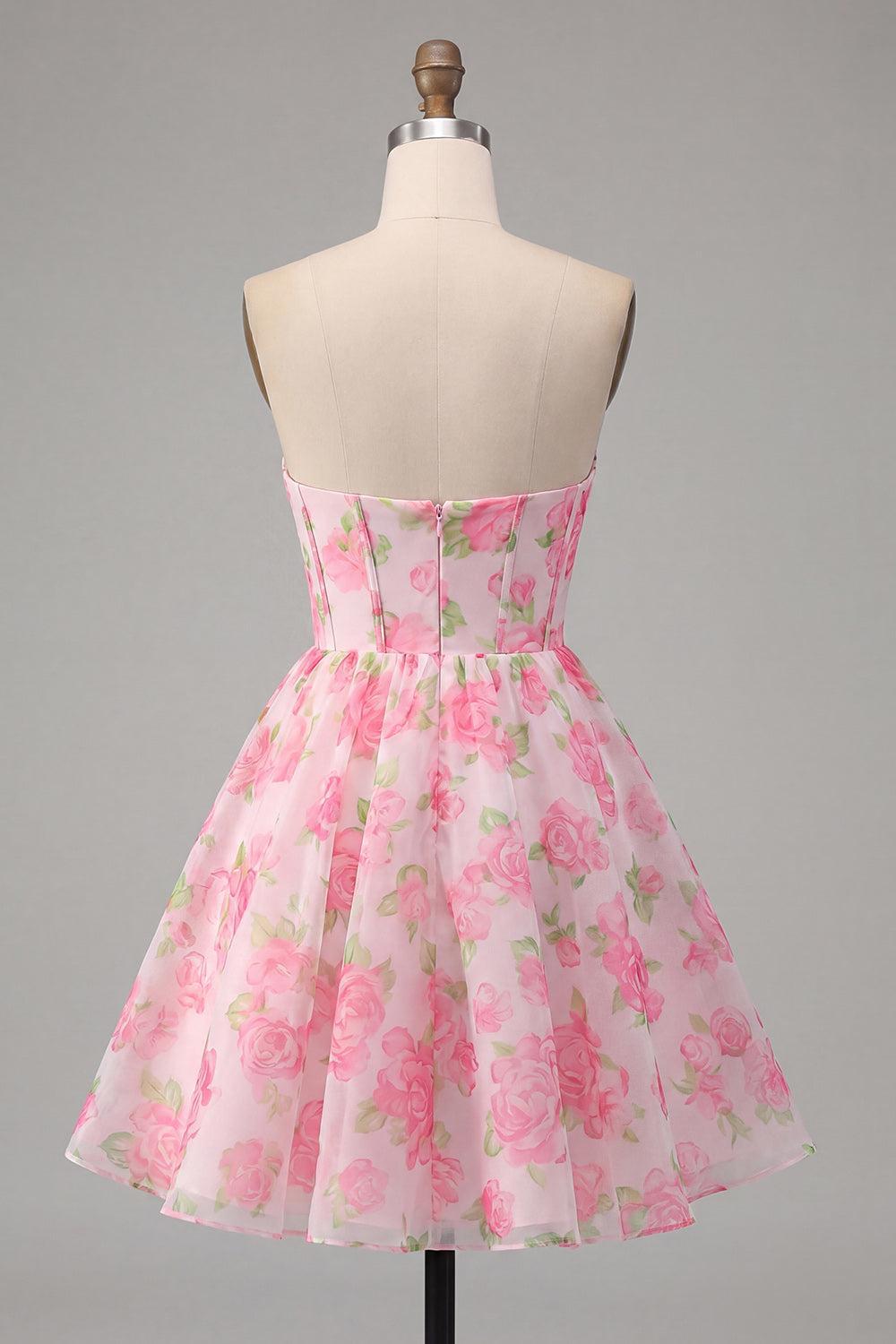 Dressystars Pink Floral Strapless Corset A-Line Short Homecoming Dress