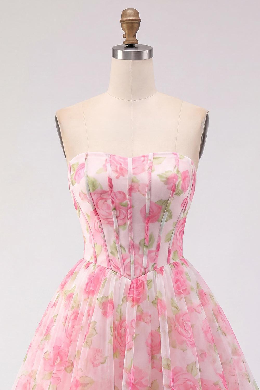Dressystars Pink Floral Strapless Corset A-Line Short Homecoming Dress