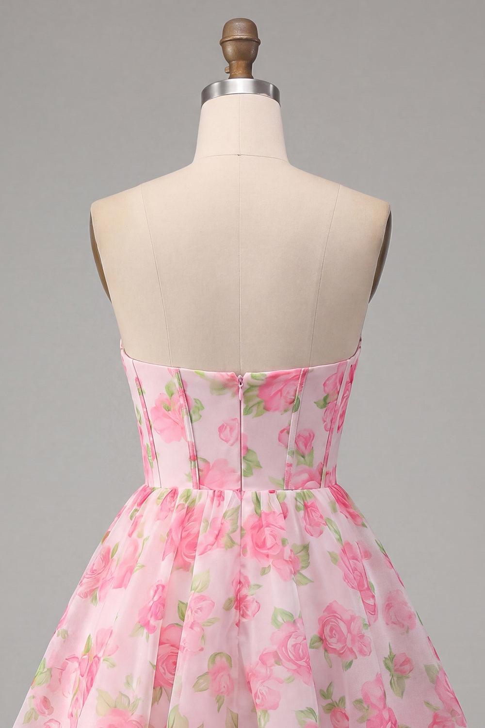Dressystars Pink Floral Strapless Corset A-Line Short Homecoming Dress