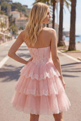 Dressystars Pink Floral Strapless Lace Corset Short Homecoming Dress with Ruffles