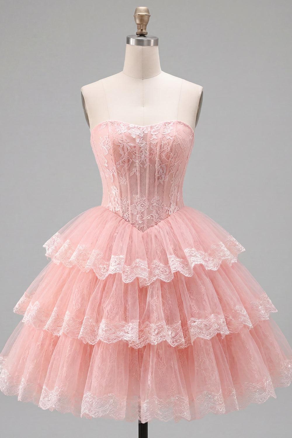 Dressystars Pink Floral Strapless Lace Corset Short Homecoming Dress with Ruffles