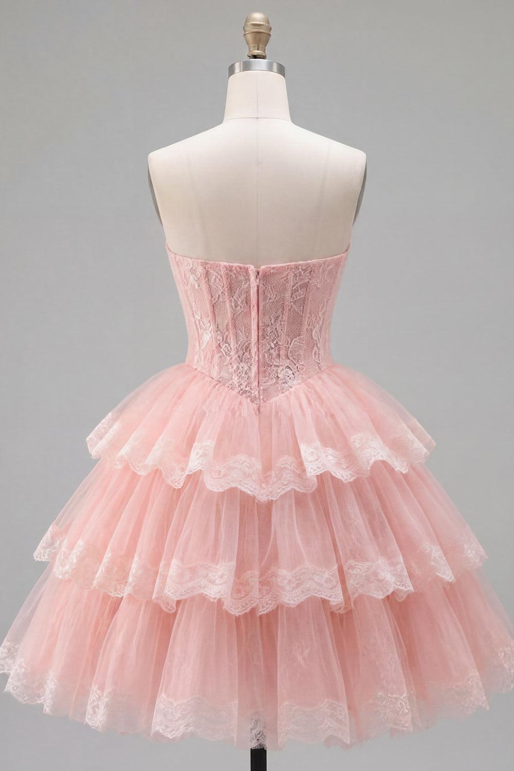 Dressystars Pink Floral Strapless Lace Corset Short Homecoming Dress with Ruffles