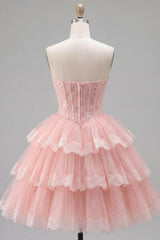 Dressystars Pink Floral Strapless Lace Corset Short Homecoming Dress with Ruffles