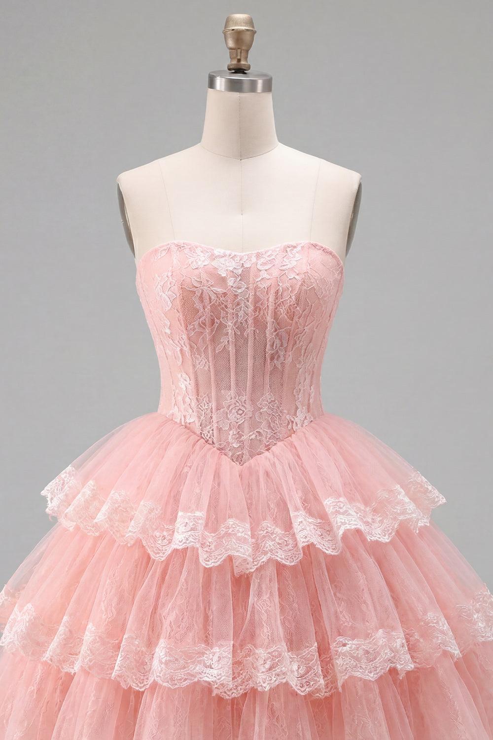 Dressystars Pink Floral Strapless Lace Corset Short Homecoming Dress with Ruffles