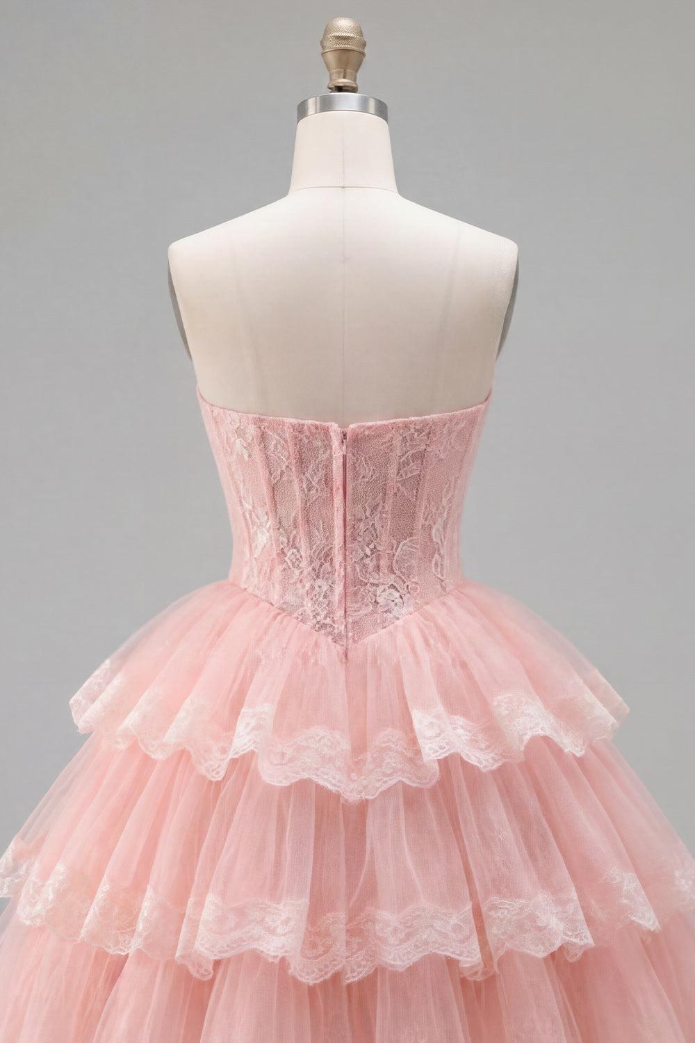 Dressystars Pink Floral Strapless Lace Corset Short Homecoming Dress with Ruffles