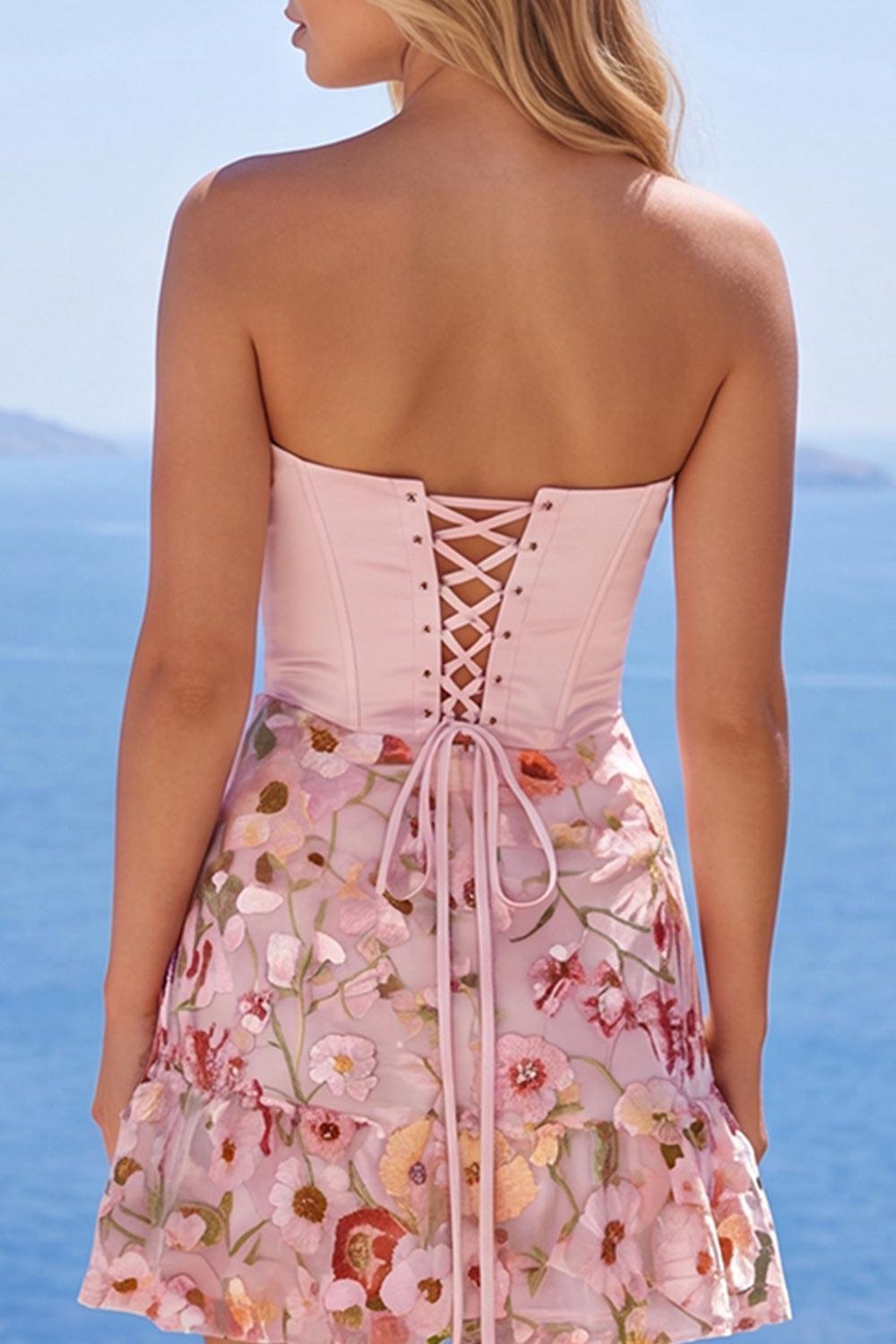 Dressystars Pink Floral Strapless Ruched A-Line Corset Short Homecoming Dress