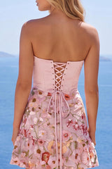 Dressystars Pink Floral Strapless Ruched A-Line Corset Short Homecoming Dress