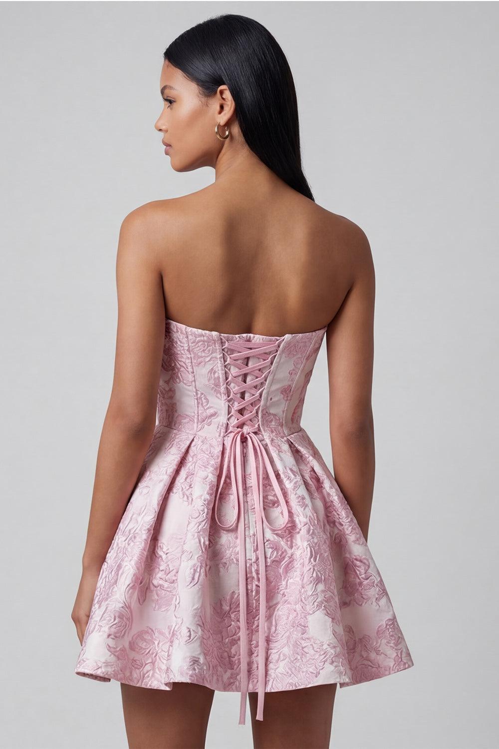 Dressystars Pink Floral Strapless Ruffled A-Line Corset Short Cocktail Dress with Bow