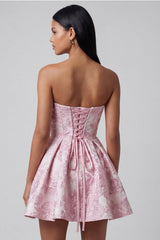 Dressystars Pink Floral Strapless Ruffled A-Line Corset Short Cocktail Dress with Bow