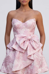 Dressystars Pink Floral Strapless Ruffled A-Line Corset Short Cocktail Dress with Bow