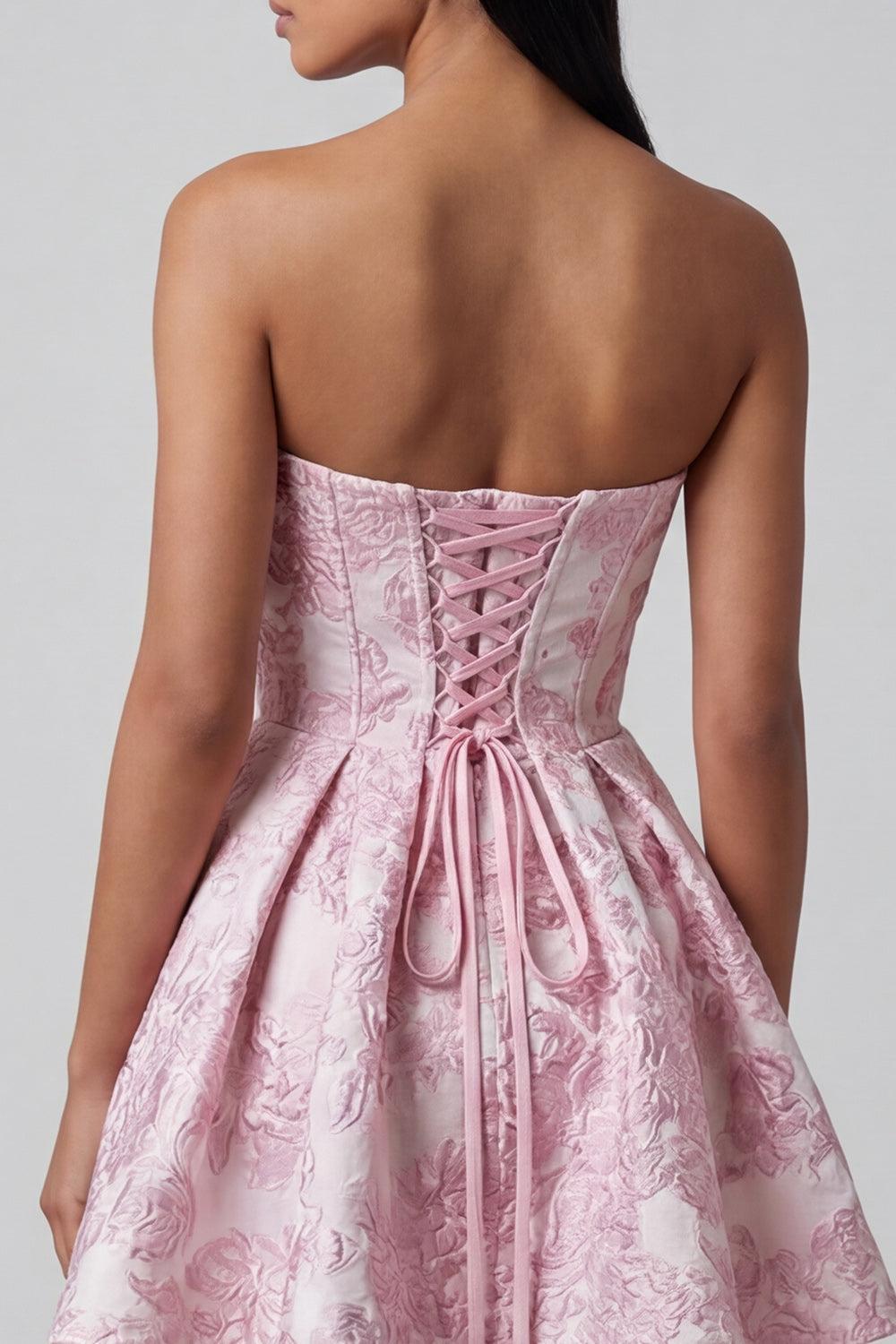 Dressystars Pink Floral Strapless Ruffled A-Line Corset Short Cocktail Dress with Bow