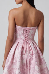 Dressystars Pink Floral Strapless Ruffled A-Line Corset Short Cocktail Dress with Bow