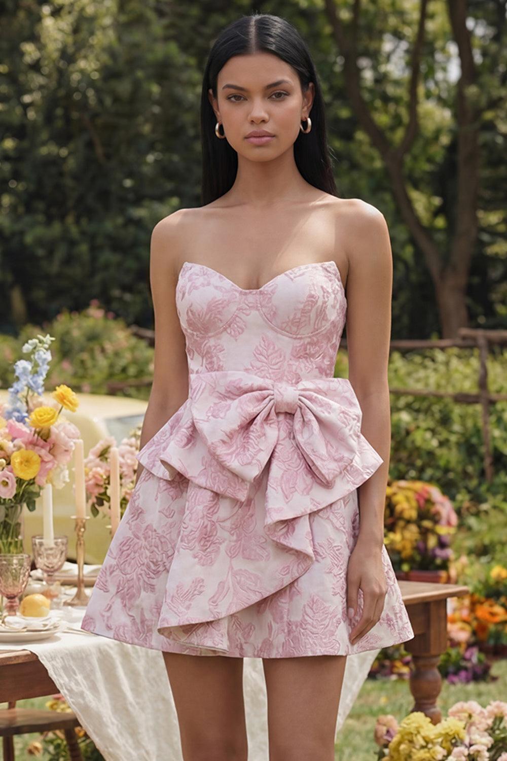 Dressystars Pink Floral Strapless Ruffled A-Line Corset Short Cocktail Dress with Bow