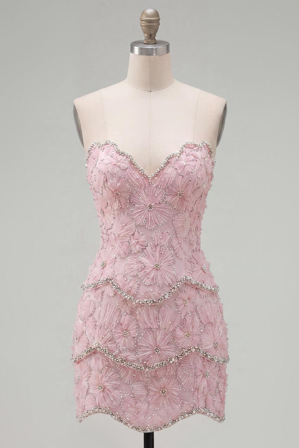 Dressystars Pink Floral Strapless Tight Short Homecoming Dress with Pearl Details